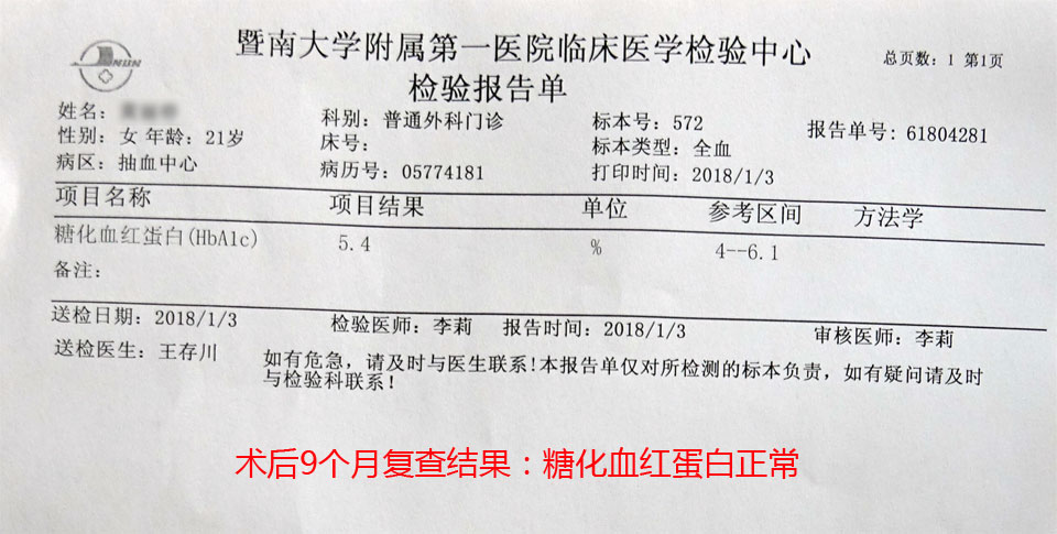 术前糖化血红蛋白11.2,偏高;术后糖化血红蛋白5.4,正常.