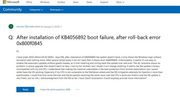 Win10漏洞补丁造成AMD部分CPU变砖：用户没法忍