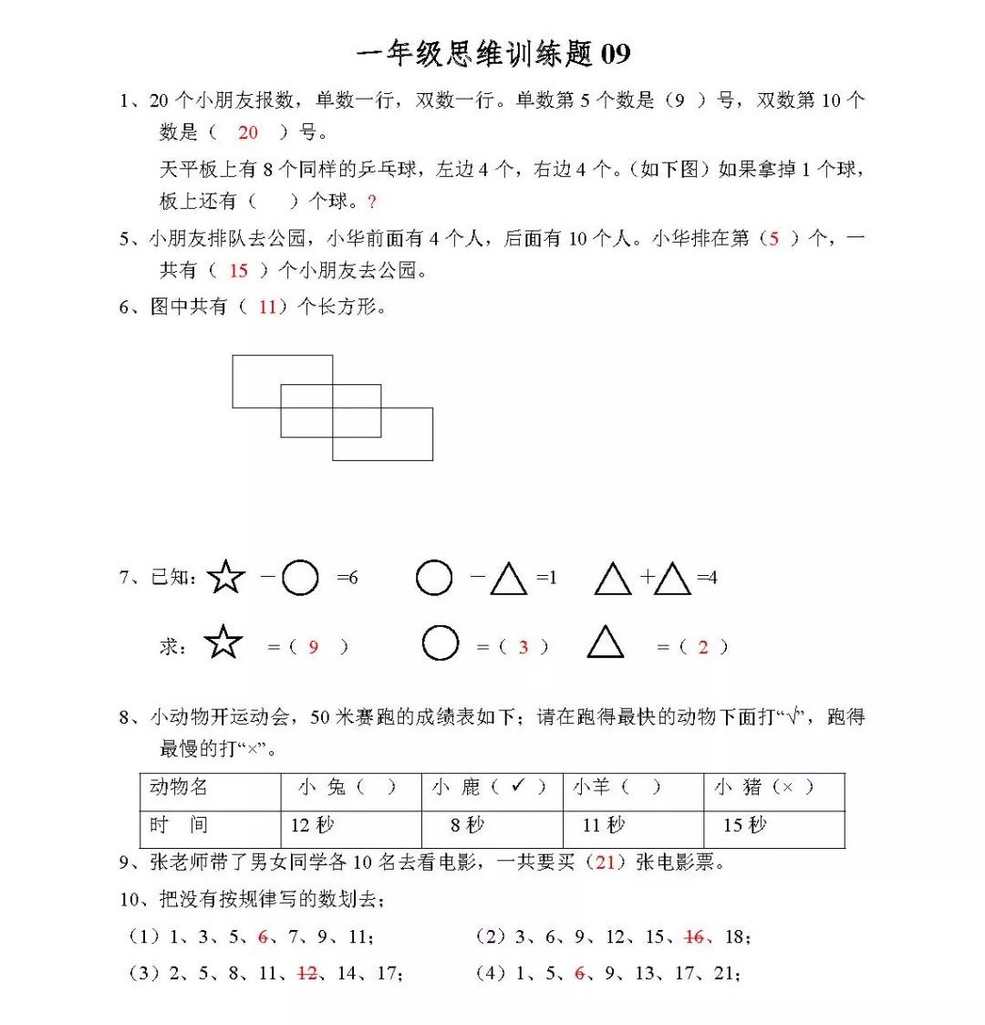 小學一年級數學思維訓練題及答案