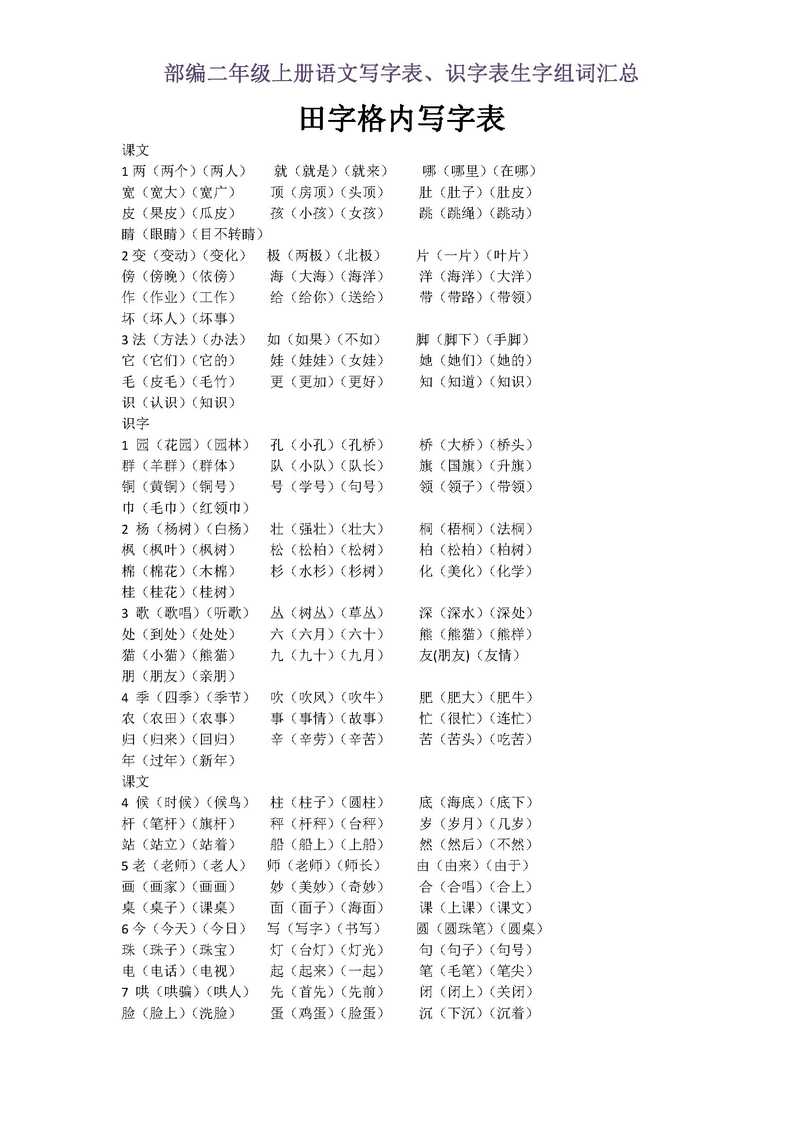 部编二年级上册语文写字表,识字表生字组词汇总