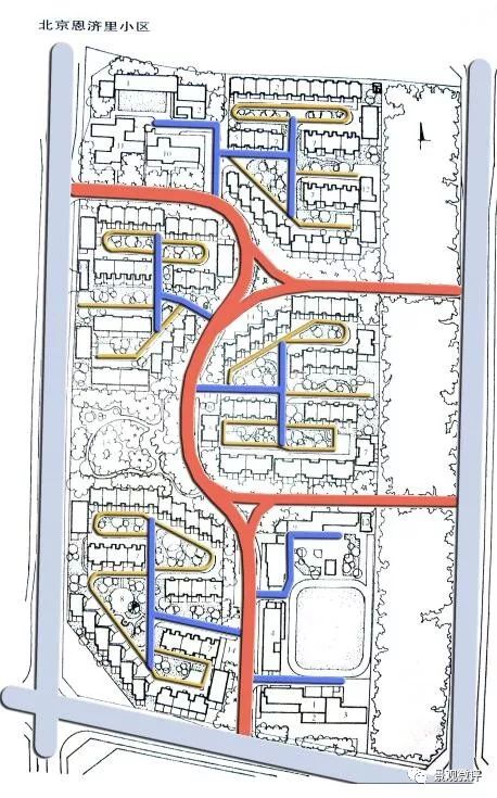 居住区道路等级结构由若干栋住宅组合而成,并不为小区道路穿越的地块