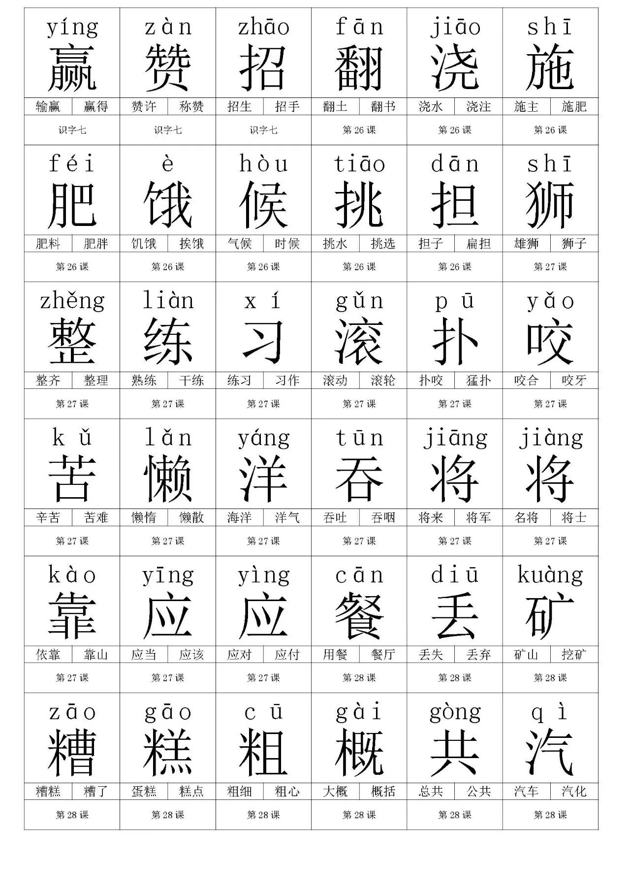 人教版一年级语文下册生字卡片