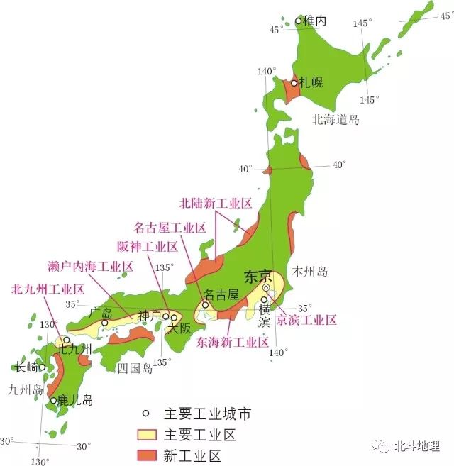 圖說(1)日本工業高度集中,主要分佈於瀨戶內海沿岸和太平洋沿岸地區