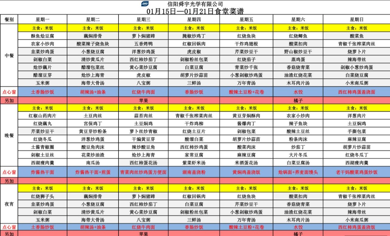 中晚餐,夜宵早餐舜宇信阳光学食堂菜单点心夜宵晚餐早餐兰江厂区食堂