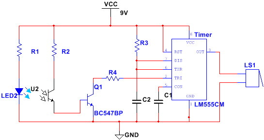 电路原理图传感器单元被提供5v的电压供应,并且定时器ic引脚8被提供9v