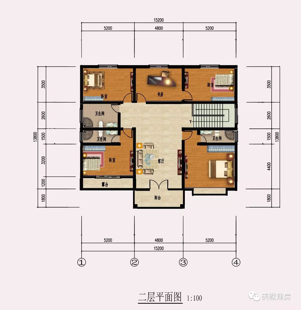 二層平面圖:4臥室,3衛生間,書房,客廳,陽臺.