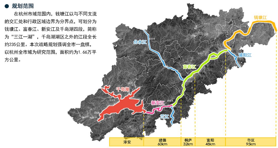 和行政區域邊界為分界點,可劃分為錢塘江,富春江,新安江及千島湖四段