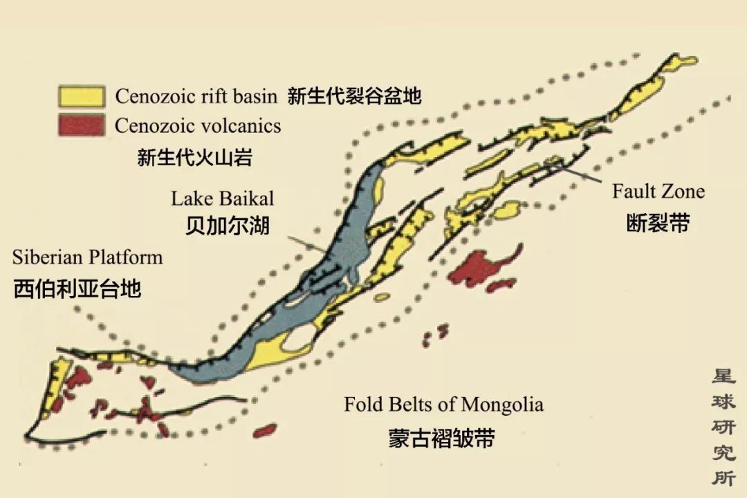 (贝加尔湖湖盆形成于约2500万年前;下图为贝加尔裂谷带示意图,黑线