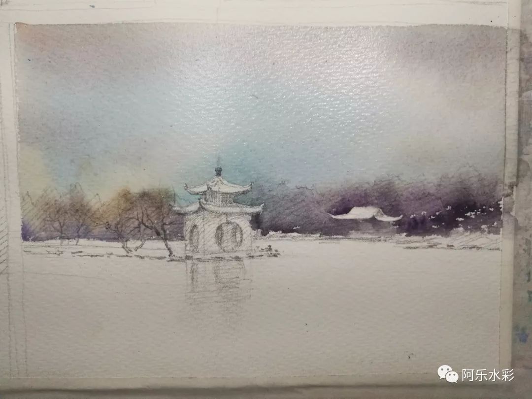 水彩小畫揚州瘦西湖雪景