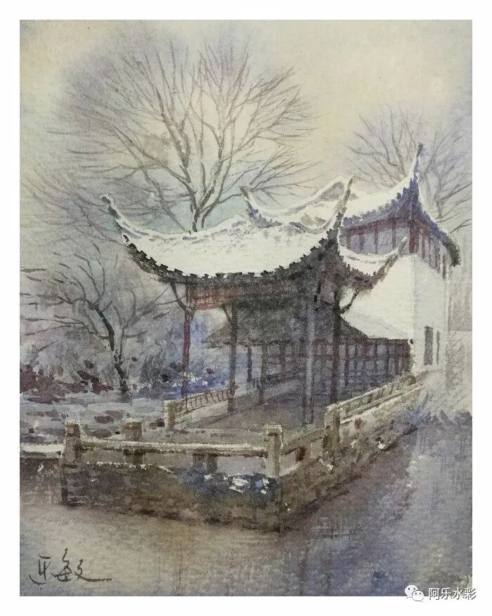 水彩小畫揚州瘦西湖雪景