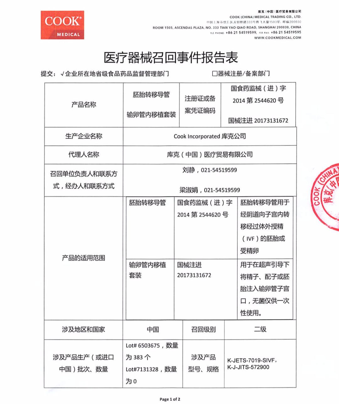 涉及產品在中國的銷售數量:383個召回級別:二級召回原因:庫克(中國)