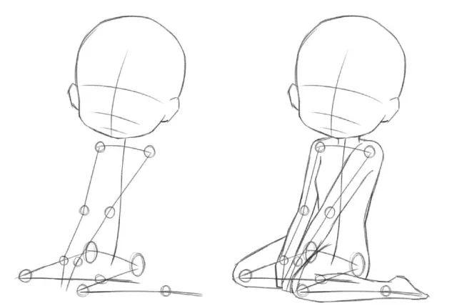 ①用棒球线条绘制出人物跪姿的身体动态结构.