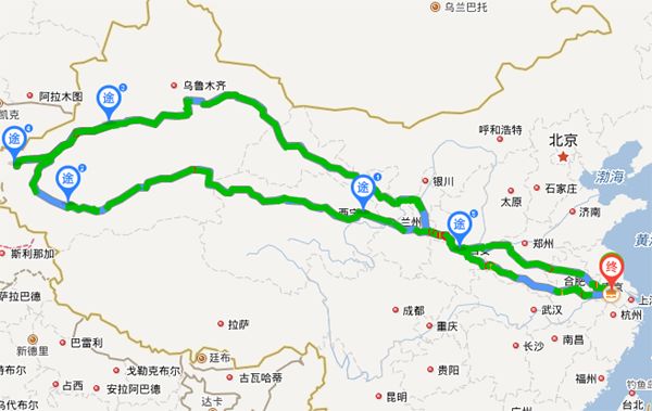 各地→西安→西寧→德令哈→花土溝→若羌→民豐→和田→喀什→阿克蘇