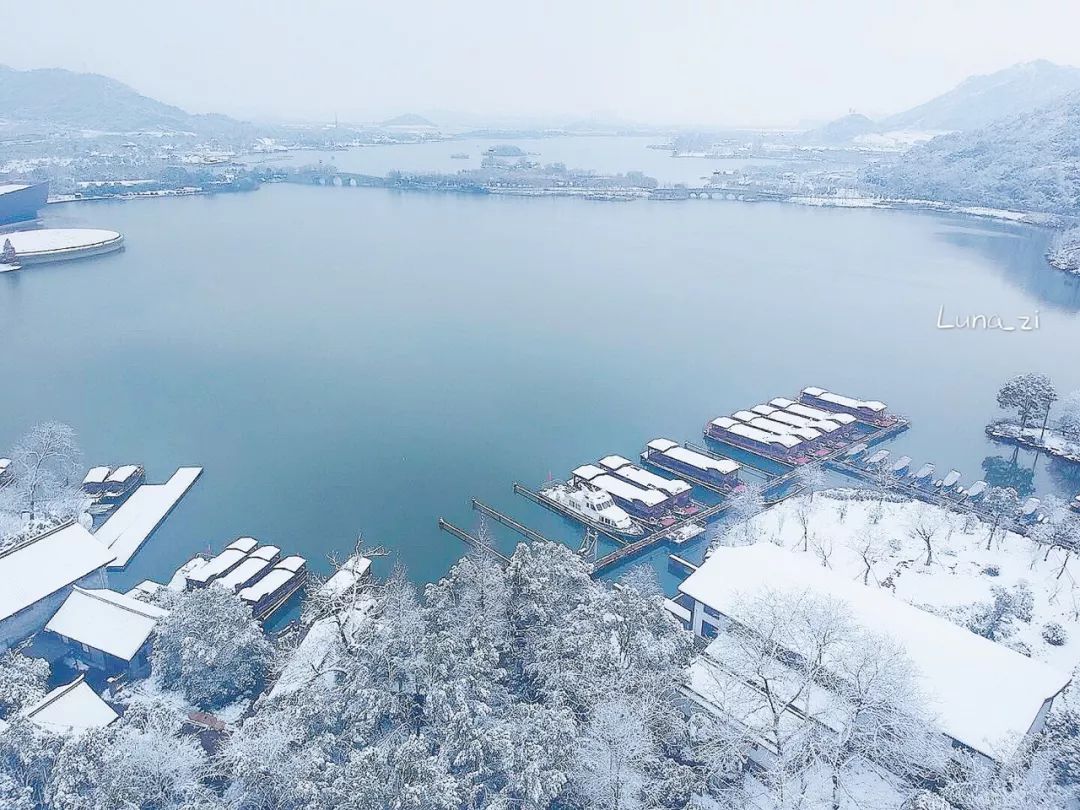 航拍雪景,湘湖也有另一番风味