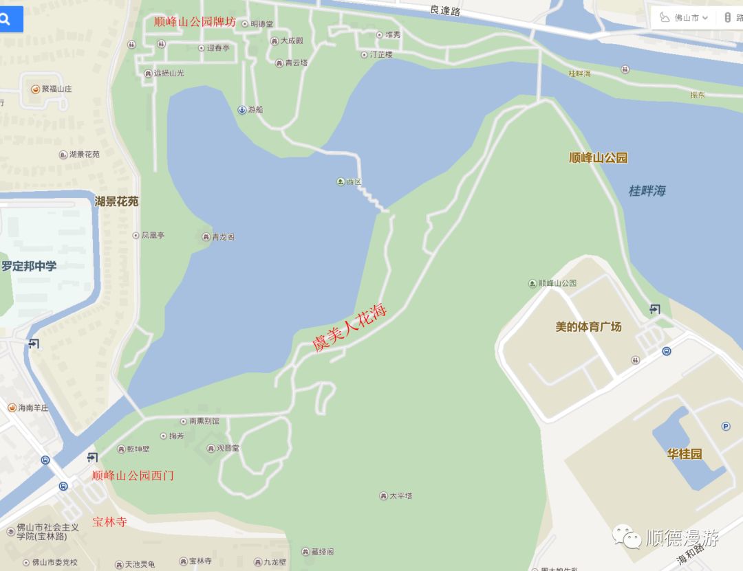 线路图可由顺峰山公园牌坊沿湖向南行,或在宝林寺侧边西入口向东,或在