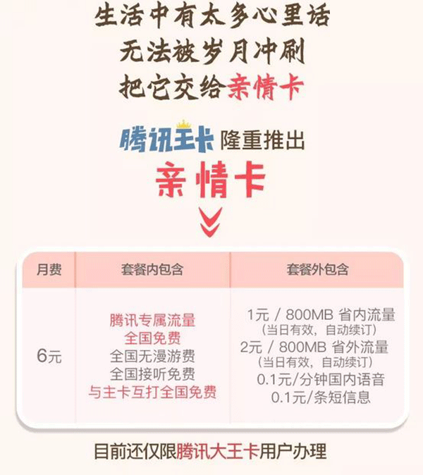 腾讯正式推出亲情卡：月租6元 与主卡互打免费