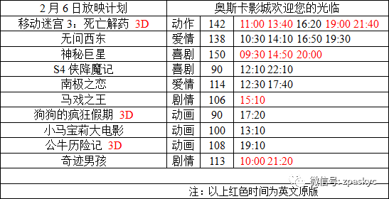 【奧斯卡·今日影訊】2月6日(星期二)鎮平奧斯卡國際影城影訊