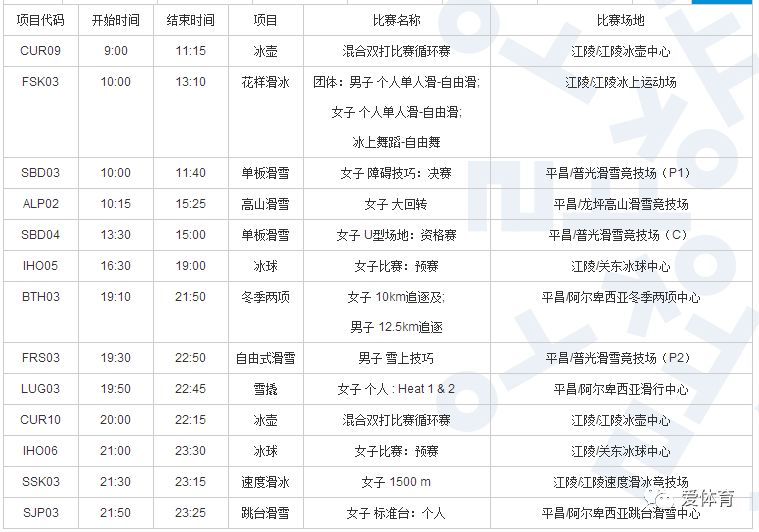 2018韩国平昌冬奥会赛程安排时间表