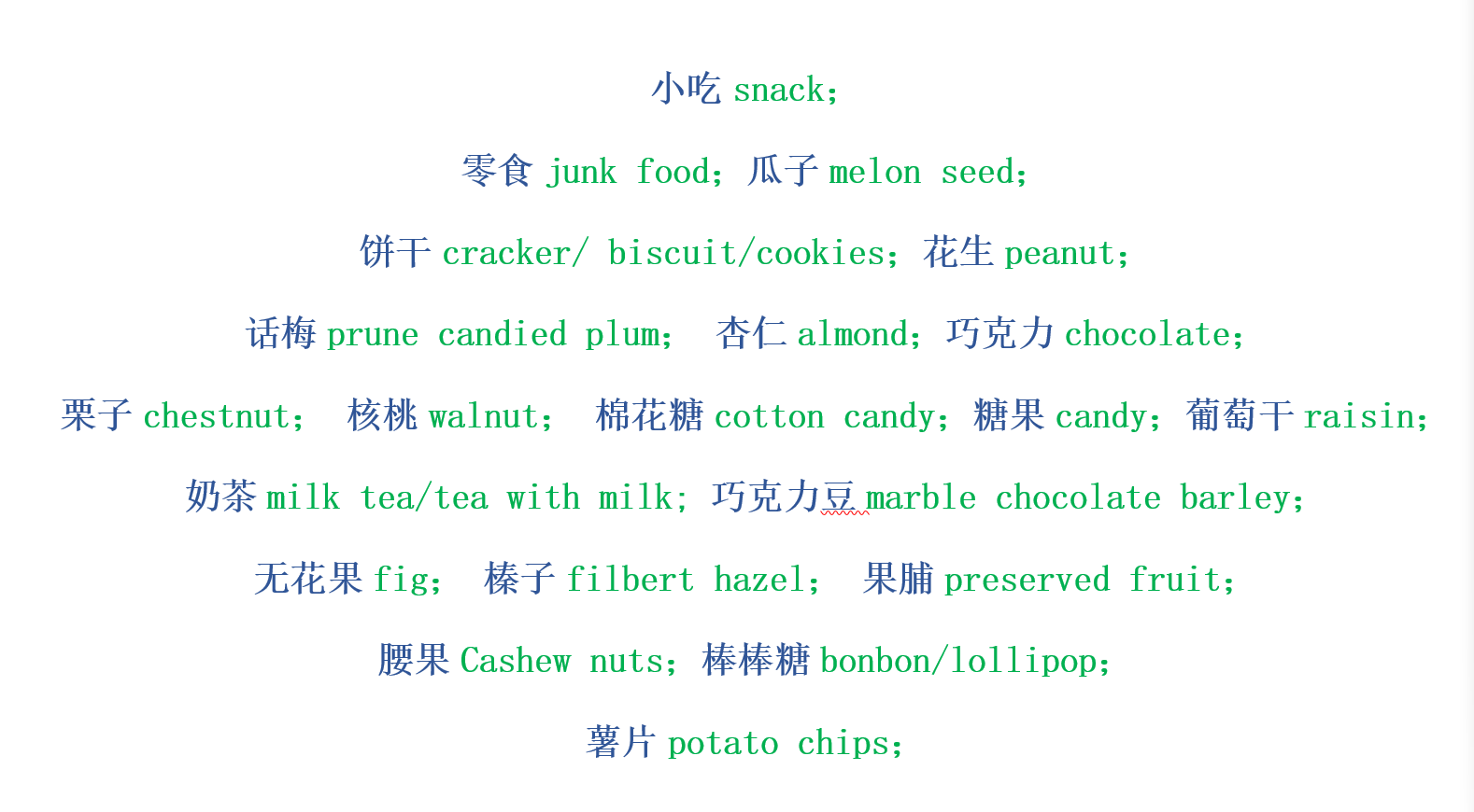 零食英语单词大全100个图片