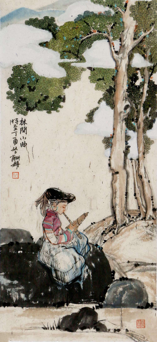 画家肖珊珊另一幅国画人物作品《林间小曲,以小条屏的形式布置绘画