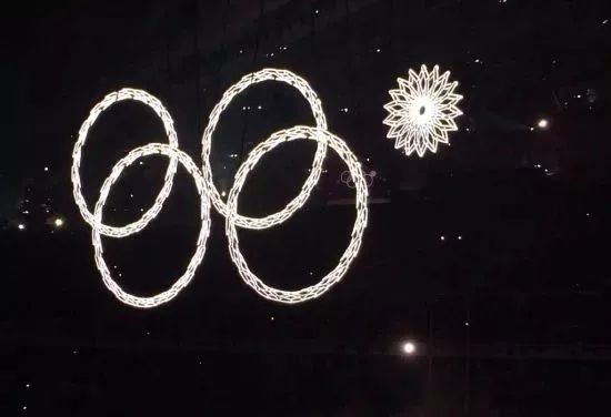 索契冬奥会开幕式上,代表奥运五环的五朵雪绒花有一朵没有成型,留下了