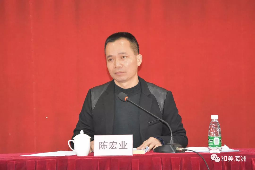 陈宏业书记进行点评两委班子和监委会代表进行述职会议上,海洲村党委