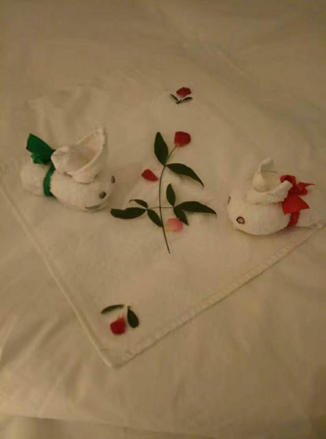 酒店的服务人员为情侣,夫妇等类型的客人房间里布置了气球,桃心天鹅夜