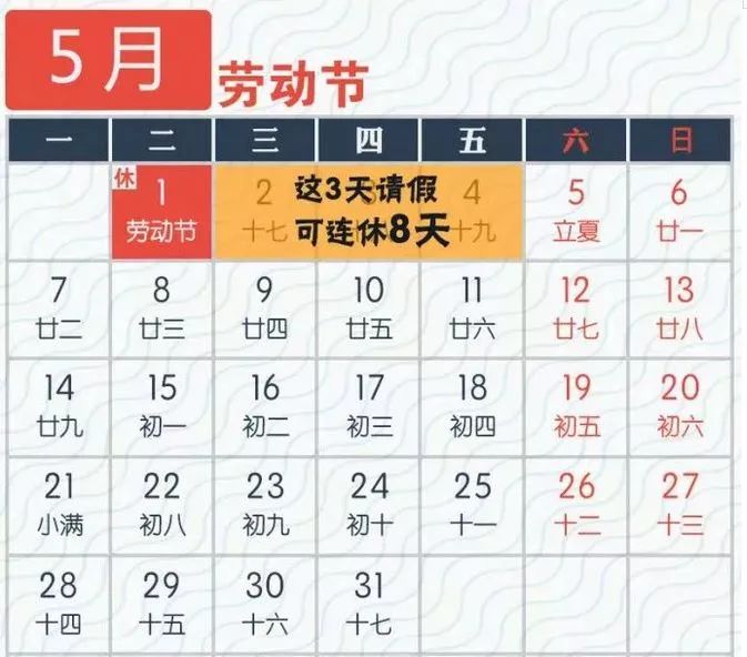 日放假3天,4月28日週六上班,5月1日(星期二)為五一國際勞動節法定節日