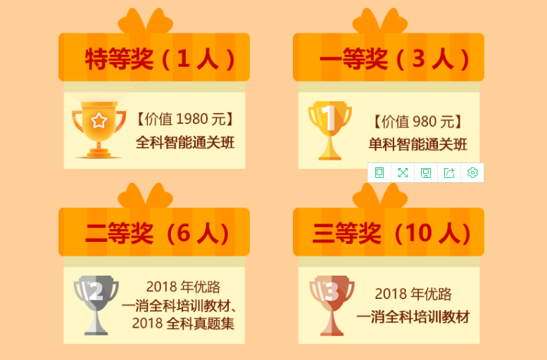 教材二等獎6名:2018年優路一消全科培訓教材,2018全科真題集一等獎3名