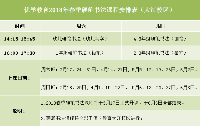 春季硬笔书法班课程安排说明