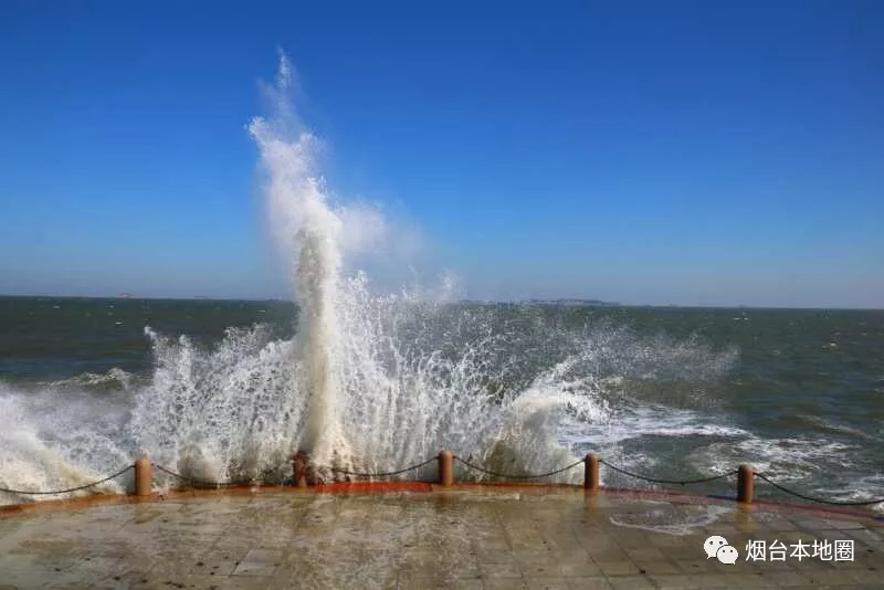 今天受渤海湾风暴潮的影响烟台海边就出现了罕见的滔天巨浪