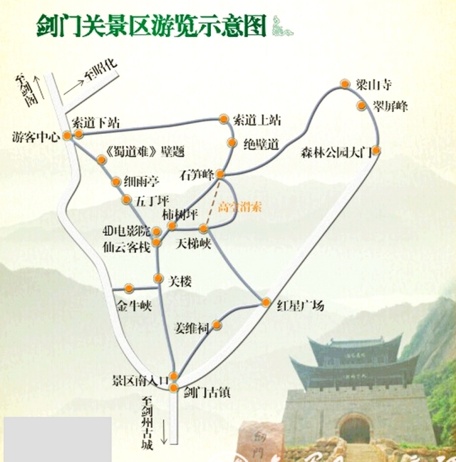 剑门关景区线路示意图关于金牛道(剑门蜀道),有许多传说故事