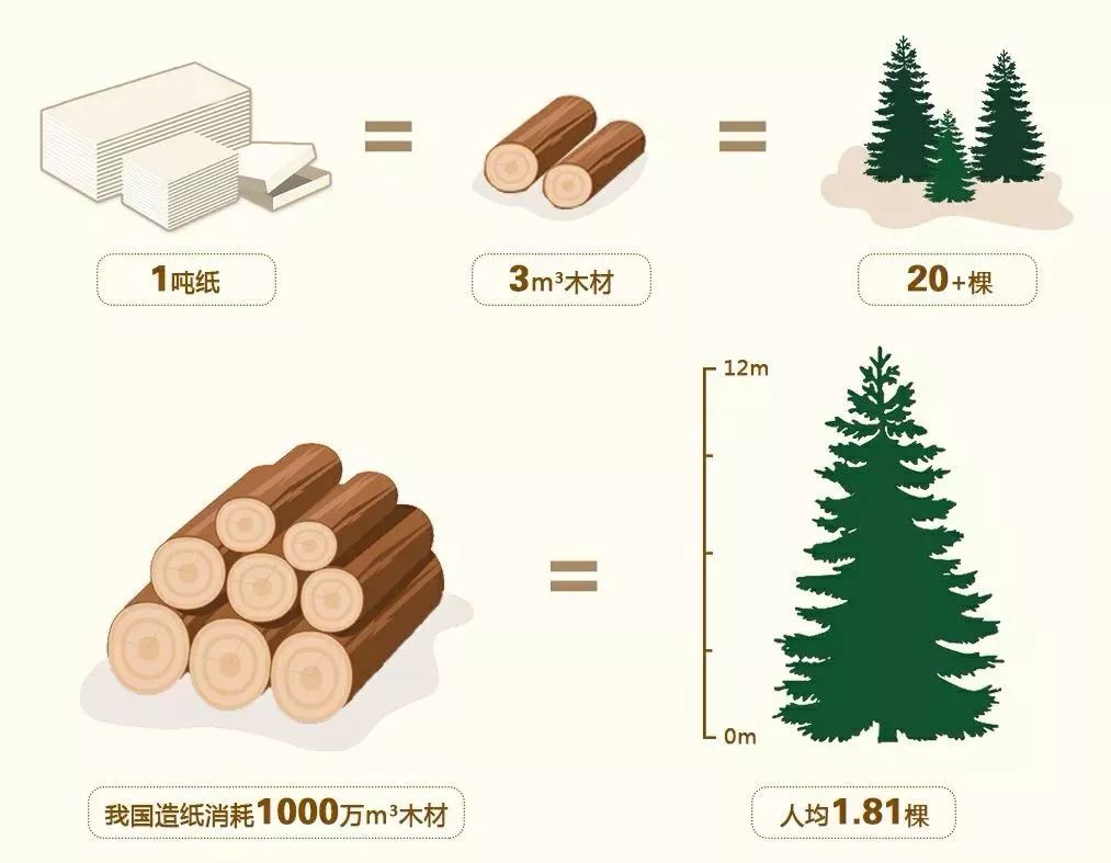 据悉,造一吨纸需要用3立方米木材,相当于20几棵树木