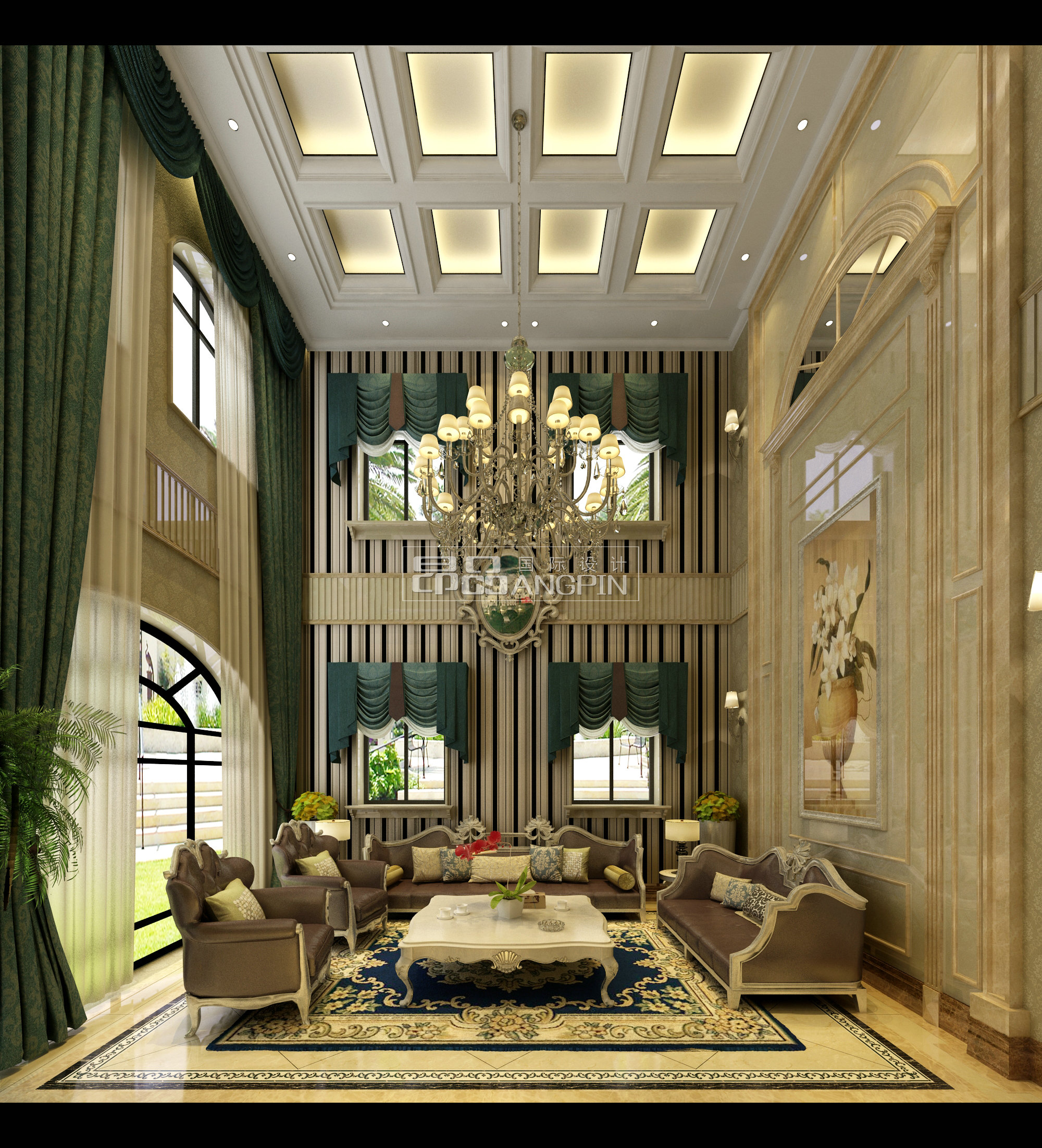 贵阳保利公园拉菲庄园独栋别墅,挑空的客厅石材装饰设计案例!