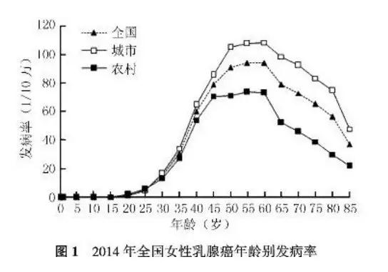 城鄉地區年齡別發病率曲線與全國女性乳腺癌發病情況類似,但城市地區