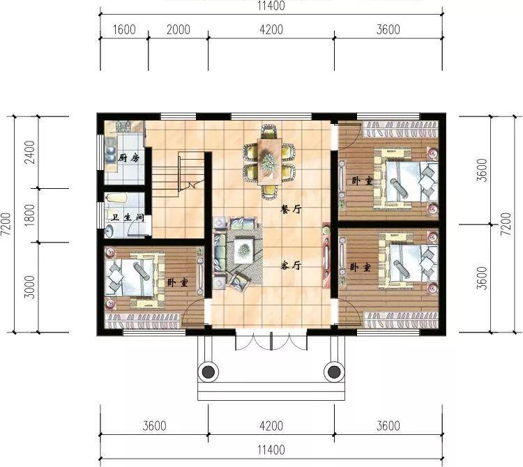 户型面积虽然不大,但是功能齐全,三层设计有9间卧室,空间的利用率非常