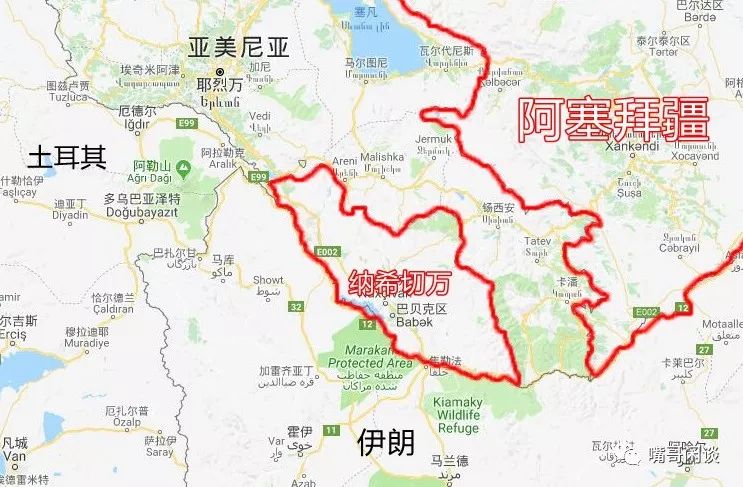 交接的地方,也有一块飞地,西亚最大的一块飞地—纳希切万自治共和国