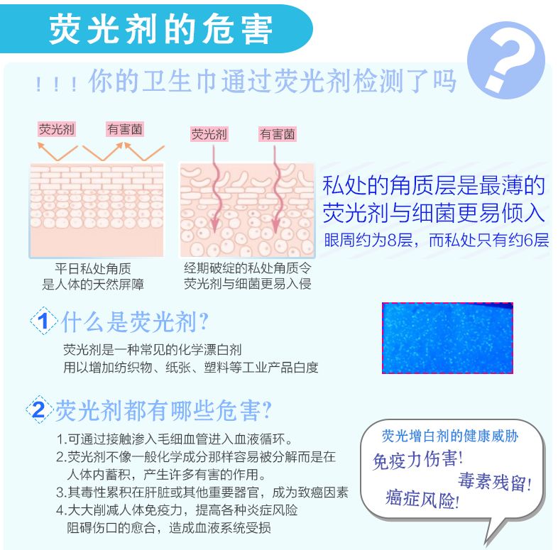 绝对不含荧光剂:由于月经期间,女性子宫宫颈都是开着的,因此卫生巾