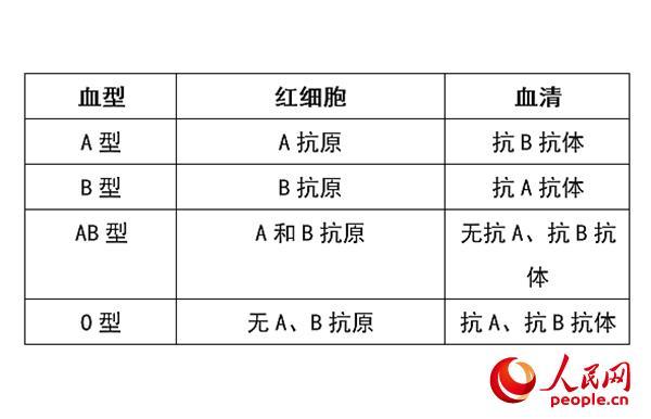 abo血型系統中各血型存在的抗原和抗體.(