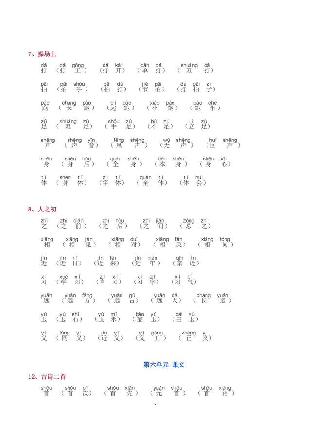 2018年新人教部編版小學一年級下冊語文《寫字表》生字組詞帶拼音