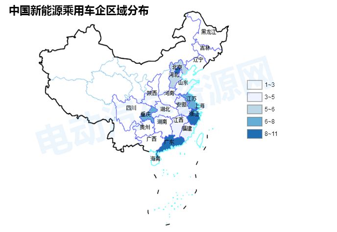 全国各省市新能源乘用车新旧造车势力分布大全