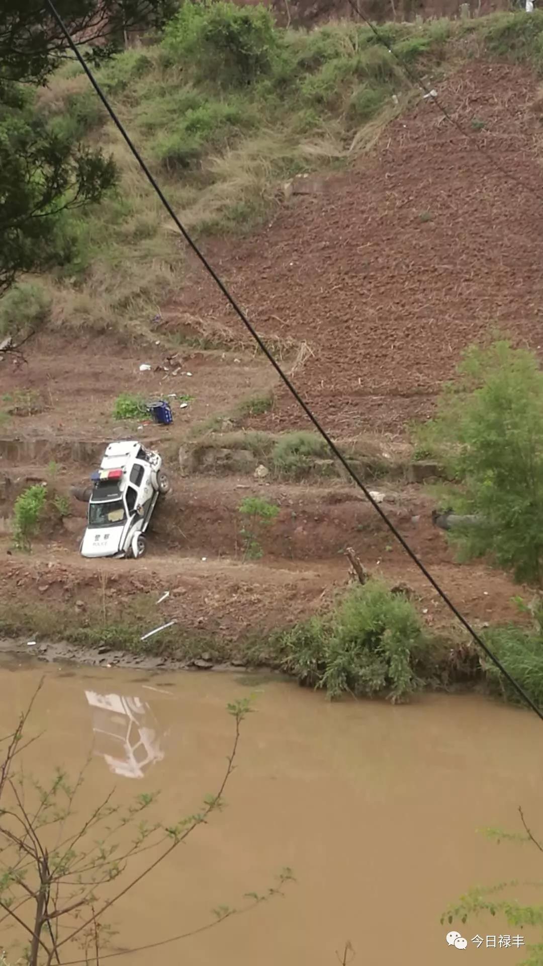 禄丰一路段发生交通事故一警车翻下山坡