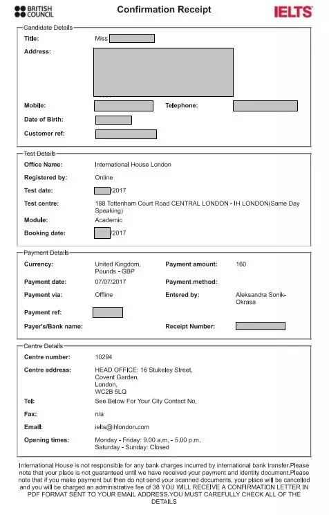 receipt:*注意:個人信息中的郵箱請填寫常用郵箱,所有的考試確認,費用