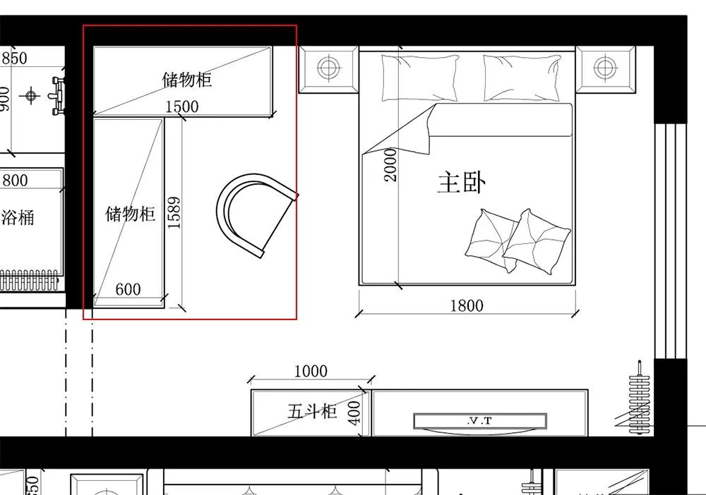 卧室设计了l型储物柜,满足业夫妻日常衣物及被子床单等床上用品的储