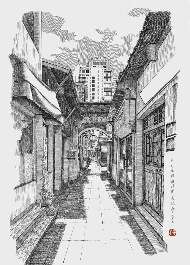 南塘老街素描图片