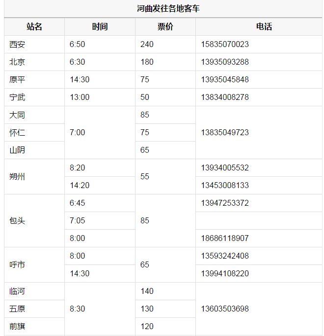 河曲汽車站發車時刻表票價司機電話