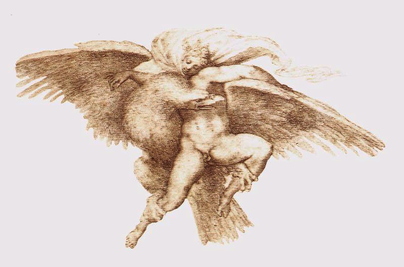 《伽倪墨得斯》(1532)宙斯化身成鹰,扑翅抓起俊美少年伽倪墨得斯