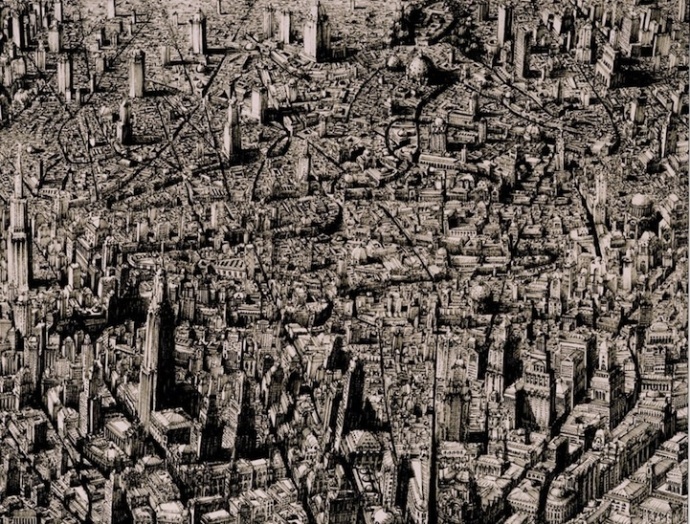 错综复杂的密集城市手绘绘画作品
