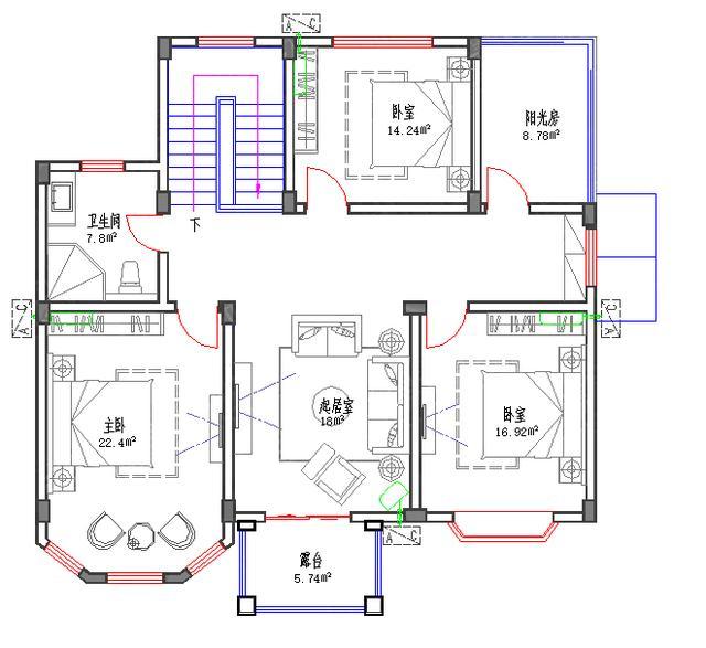 12×12米26萬2廳4室帶陽光房主臥配套二層簡歐別墅全套施工圖紙