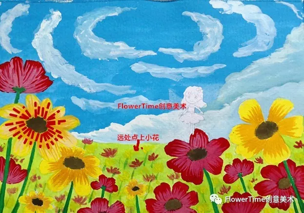 9.最後待畫面幹後,畫小精靈,花花世界水粉畫《春暖花開》就完成了!